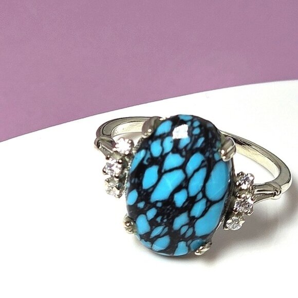 925 Sterling Silver Ring SZ 6.5 with Natural Turquoise   & CZ - Picture 11 of 14
